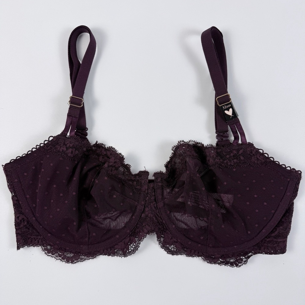 Victoria's Secret Dream Angels Wicked Sheer Lace Balconette Bra Dark Purple 32DD